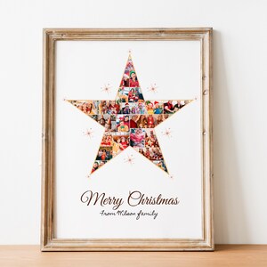 May include: A framed print with a gold star shape made of photos. The star is filled with photos of a family. The text "Merry Christmas from Wilson family" is below the star.
