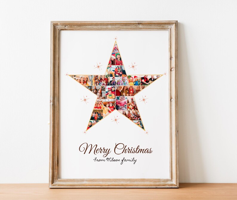 May include: A framed print with a gold star shape made of photos. The star is filled with photos of a family. The text "Merry Christmas from Wilson family" is below the star.