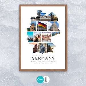 May include: A collage of photos depicting various landmarks and scenes from Germany, arranged in the shape of the country's outline. The text "GERMANY" is displayed below the collage, along with the phrase "Here's to a day of unity, joy, and enjoying the beauty of our great nation."
