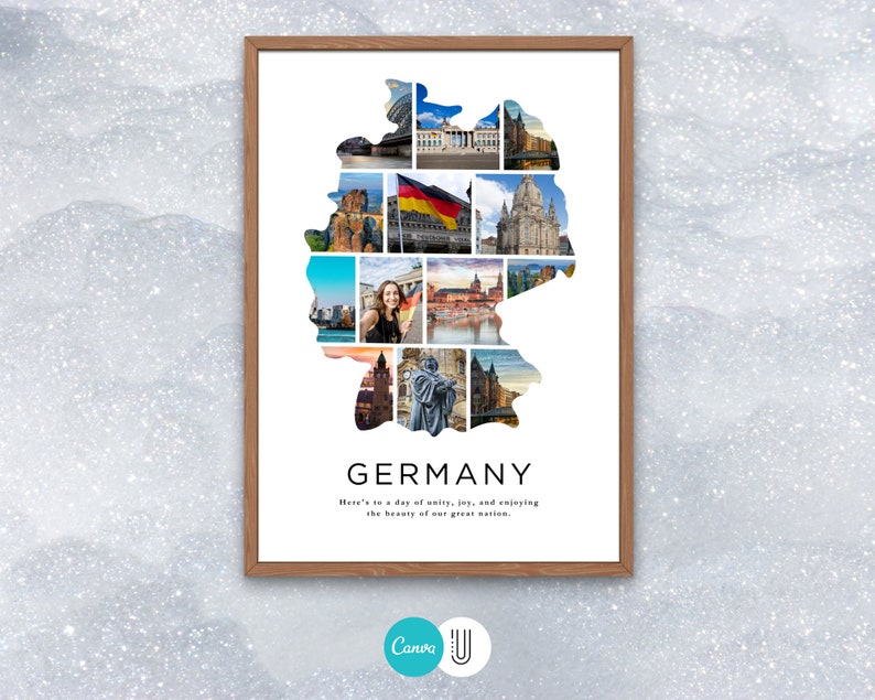 May include: A collage of photos depicting various landmarks and scenes from Germany, arranged in the shape of the country's outline. The text "GERMANY" is displayed below the collage, along with the phrase "Here's to a day of unity, joy, and enjoying the beauty of our great nation."