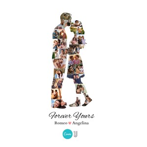May include: A white background features a silhouette of a kissing couple, made up of various photographs. The words "Forever Yours" are written in cursive, with the names "Romeo" and "Angelina" below. A teal Canva logo is at the bottom.