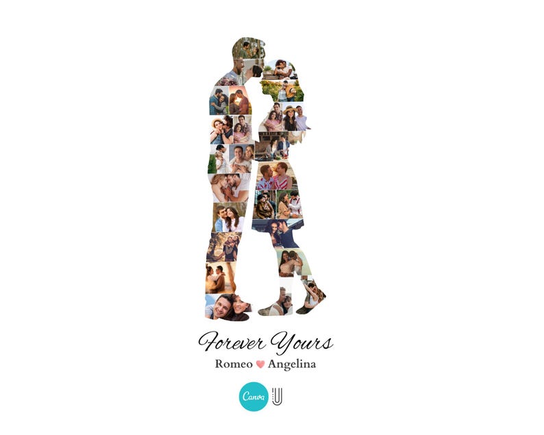 May include: A white background features a silhouette of a kissing couple, made up of various photographs. The words "Forever Yours" are written in cursive, with the names "Romeo" and "Angelina" below. A teal Canva logo is at the bottom.