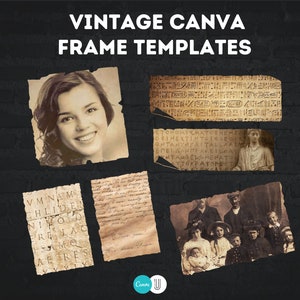 Puede incluir: Cinco marcos de fotos de estilo vintage con bordes desgarrados. Los marcos están sobre un fondo de pared de ladrillo negro. Los marcos contienen imágenes de personas y texto. El texto de un marco dice "VMNAM CHLIDER NIKOD ERELAC AERES".