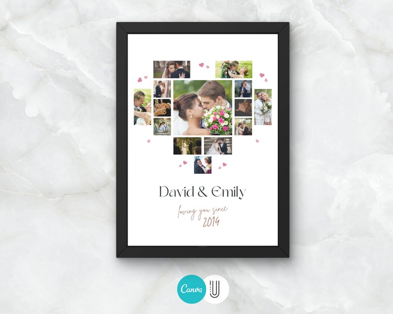 Op de afbeelding: Een ingelijste collage van trouwfoto's die in de vorm van een hart zijn gerangschikt, met roze hartjes die rond de collage zijn verspreid. De namen "David & Emily" staan onder de collage met de tekst "loving you since 2014".