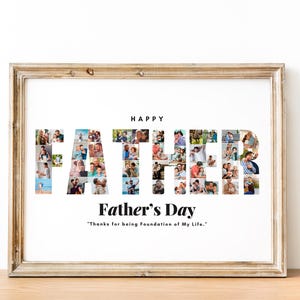 K&ouml;nnte beinhalten: Ein gerahmter Druck mit einer Fotocollage, die das Wort "VATER" in einem wei&szlig;en Rahmen buchstabiert. Der Text "Happy Father's Day" und "Danke, dass du das Fundament meines Lebens bist." befindet sich unter der Collage.
