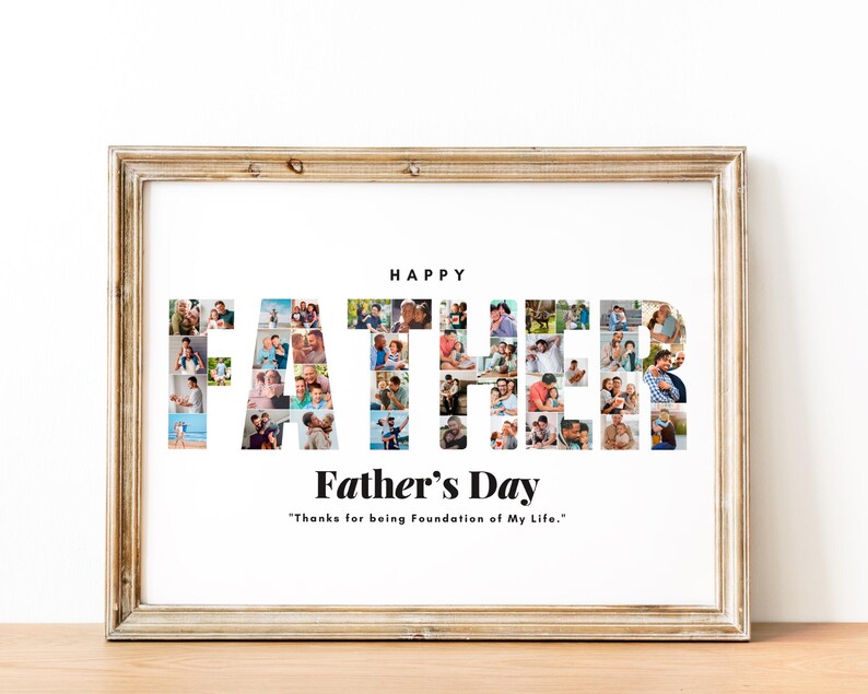 K&ouml;nnte beinhalten: Ein gerahmter Druck mit einer Fotocollage, die das Wort "VATER" in einem wei&szlig;en Rahmen buchstabiert. Der Text "Happy Father's Day" und "Danke, dass du das Fundament meines Lebens bist." befindet sich unter der Collage.