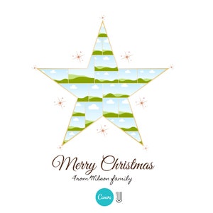 May include: A gold star with a green and blue patterned design. The star is made up of many small squares. The text "Merry Christmas from Miloon family" is below the star.
