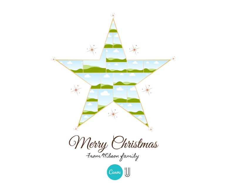May include: A gold star with a green and blue patterned design. The star is made up of many small squares. The text "Merry Christmas from Miloon family" is below the star.
