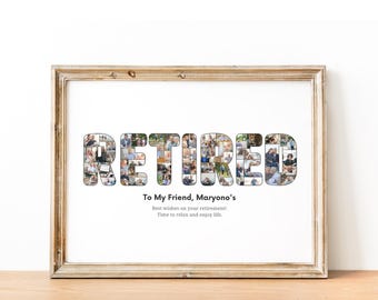 Gepensioneerd woord fotocollagesjabloon, gepersonaliseerd pensioencadeau, doe-het-zelfcadeau, geheugenbord, zelfbewerkingscanvasjabloon