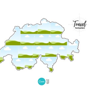 May include: A white graphic of Switzerland, filled with landscape images of green hills and blue skies with clouds. The word "Travel" is written in cursive, with "Switzerland" below it. A compass graphic is also present.