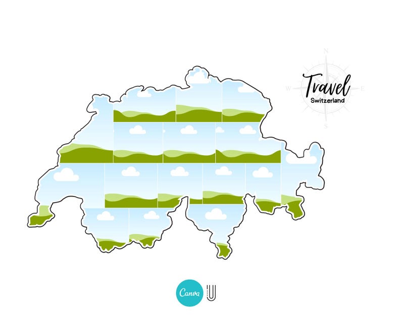 May include: A white graphic of Switzerland, filled with landscape images of green hills and blue skies with clouds. The word "Travel" is written in cursive, with "Switzerland" below it. A compass graphic is also present.