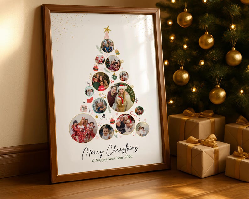 Custom Christmas Photo Collage: Xmas Tree Gift (Canva Template)