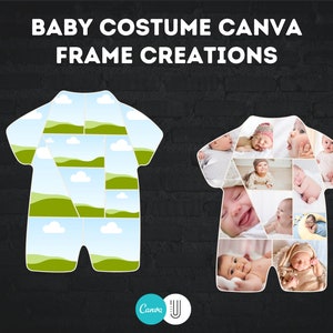 May include: Two white baby onesie outlines with different designs. The onesie on the left has a green and blue landscape pattern. The onesie on the right has a collage of baby photos.
