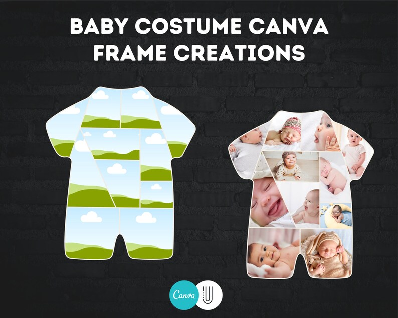 May include: Two white baby onesie outlines with different designs. The onesie on the left has a green and blue landscape pattern. The onesie on the right has a collage of baby photos.