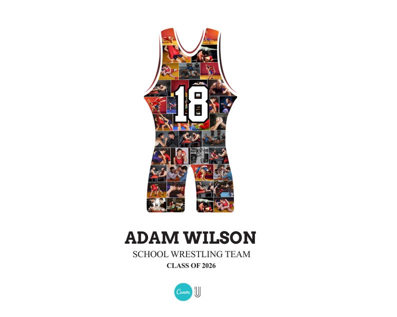 K&ouml;nnte beinhalten: Ein Wrestling-Trikot-Design mit einer Collage von Actionfotos und der Zahl 18 in Wei&szlig;. Das Trikot ist in Rot-, Orange- und Schwarzt&ouml;nen gehalten. Der Text lautet "ADAM WILSON SCHOOL WRESTLING TEAM CLASS OF 2026".