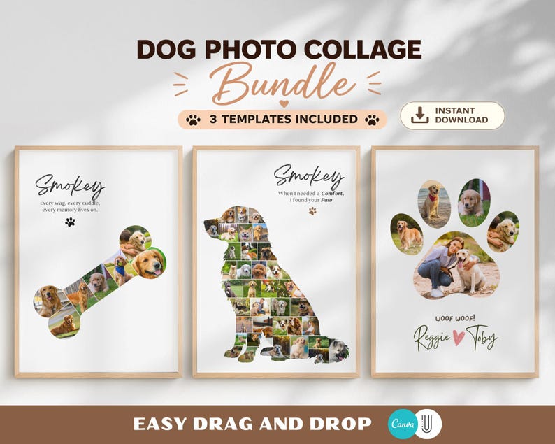 May include: A digital dog photo collage bundle featuring three templates with white backgrounds. The designs include a bone-shaped collage, a dog-silhouette collage, and a paw-print collage, all incorporating customizable text and multiple photo slots.