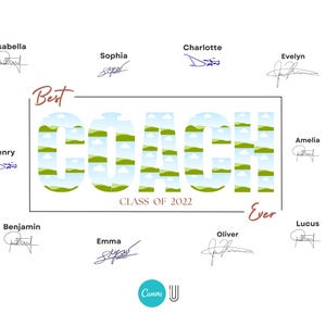 May include: A colorful card with the word "COACH" in green and blue with clouds and grass. The text "Best" and "Ever" are on either side of the word "COACH". The text "CLASS OF 2022" is below the word "COACH". There are signatures from multiple people around the card.