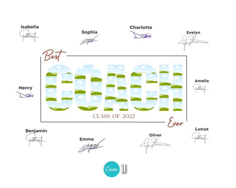 May include: A colorful card with the word "COACH" in green and blue with clouds and grass. The text "Best" and "Ever" are on either side of the word "COACH". The text "CLASS OF 2022" is below the word "COACH". There are signatures from multiple people around the card.