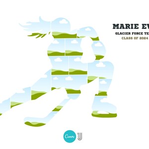 Peut inclure: Une silhouette de joueur de hockey compos&eacute;e d'images d'un champ vert et d'un ciel bleu. Le texte "MARIE EVE GLACIER FORCE TEAM CLASS OF 2024" est en haut &agrave; droite de l'image.