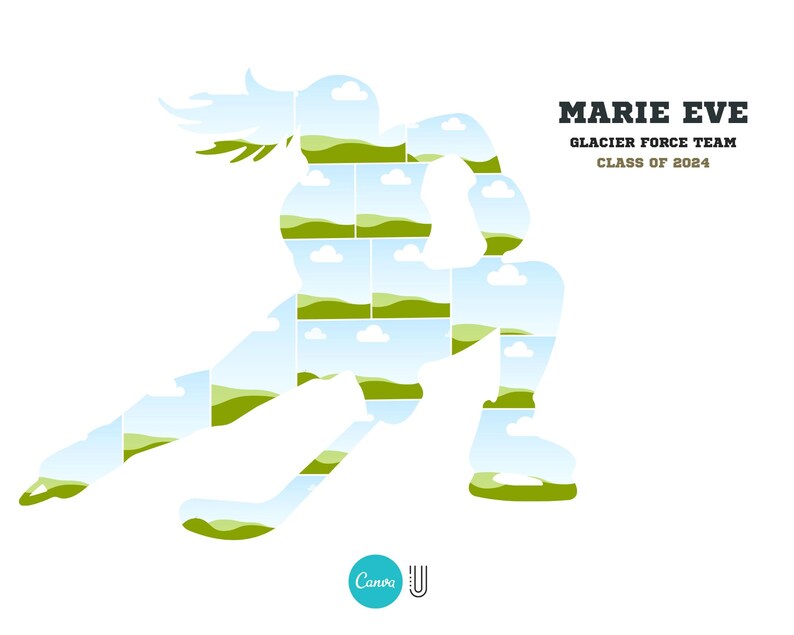 Peut inclure: Une silhouette de joueur de hockey compos&eacute;e d'images d'un champ vert et d'un ciel bleu. Le texte "MARIE EVE GLACIER FORCE TEAM CLASS OF 2024" est en haut &agrave; droite de l'image.