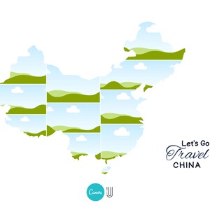 May include: A stylized map of China with green hills and blue skies. The text "Let's Go Travel CHINA" is below the map.