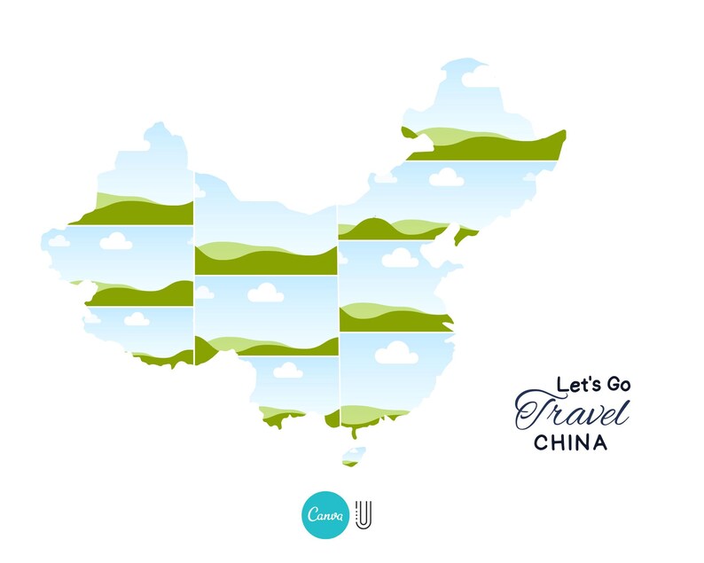 May include: A stylized map of China with green hills and blue skies. The text "Let's Go Travel CHINA" is below the map.