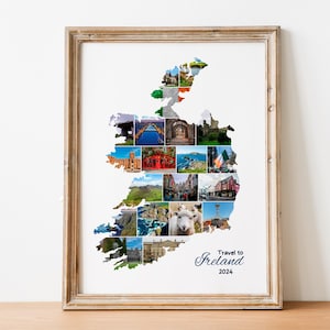 Op de afbeelding: Een ingelijst afdruk van een collage van foto's die verschillende bezienswaardigheden en landschappen in Ierland laten zien. De foto's zijn gerangschikt in de vorm van de omtrek van het land. De tekst "Travel to Ireland 2024" is onder de collage afgedrukt.