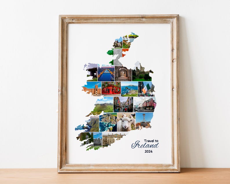 Op de afbeelding: Een ingelijst afdruk van een collage van foto's die verschillende bezienswaardigheden en landschappen in Ierland laten zien. De foto's zijn gerangschikt in de vorm van de omtrek van het land. De tekst "Travel to Ireland 2024" is onder de collage afgedrukt.