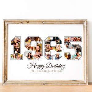 Peut inclure: Un collage photo encadr&eacute; dans un cadre brun clair avec un fond blanc. Les chiffres 1985 sont form&eacute;s avec des photos de personnes. Le texte "Joyeux anniversaire" et "De la part de votre ami(e) ch&eacute;ri(e)" se trouve sous les chiffres.