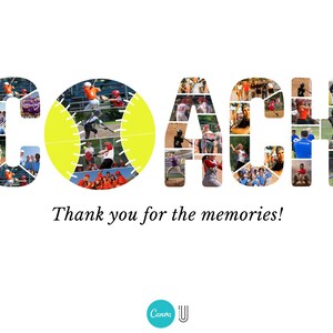 Pode incluir: Gr&aacute;fico com tema de softball com a palavra "COACH" formada por imagens de jogadores de softball. Uma bola de softball amarela est&aacute; no centro do "O". O texto "Thank you for the memories!" est&aacute; abaixo.