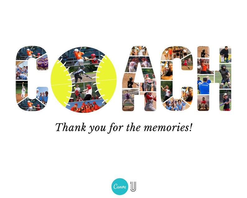 Pode incluir: Gr&aacute;fico com tema de softball com a palavra "COACH" formada por imagens de jogadores de softball. Uma bola de softball amarela est&aacute; no centro do "O". O texto "Thank you for the memories!" est&aacute; abaixo.