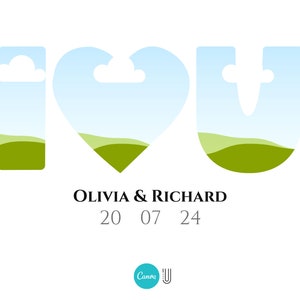 May include: A blue and green illustration of the word "I love you" with clouds and hills. The text "Olivia & Richard 20 07 24" is below the illustration.