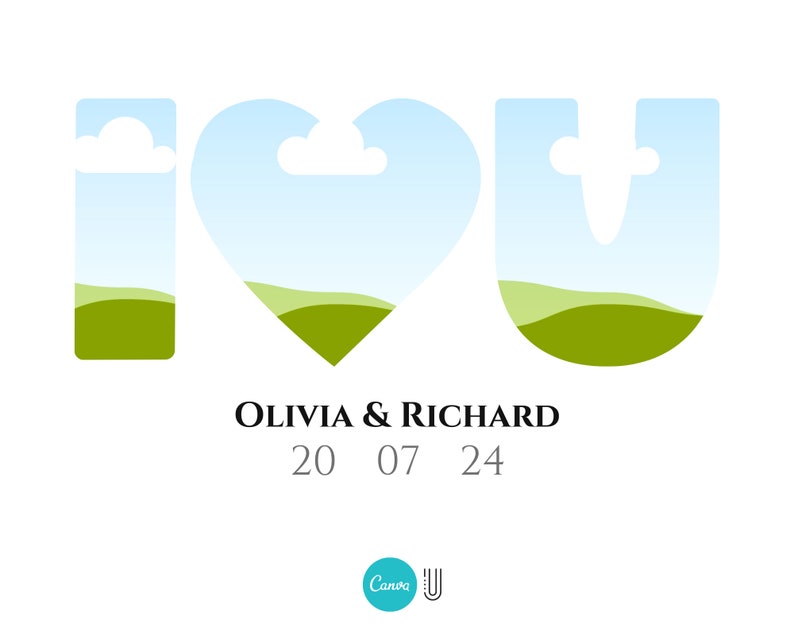 May include: A blue and green illustration of the word "I love you" with clouds and hills. The text "Olivia & Richard 20 07 24" is below the illustration.