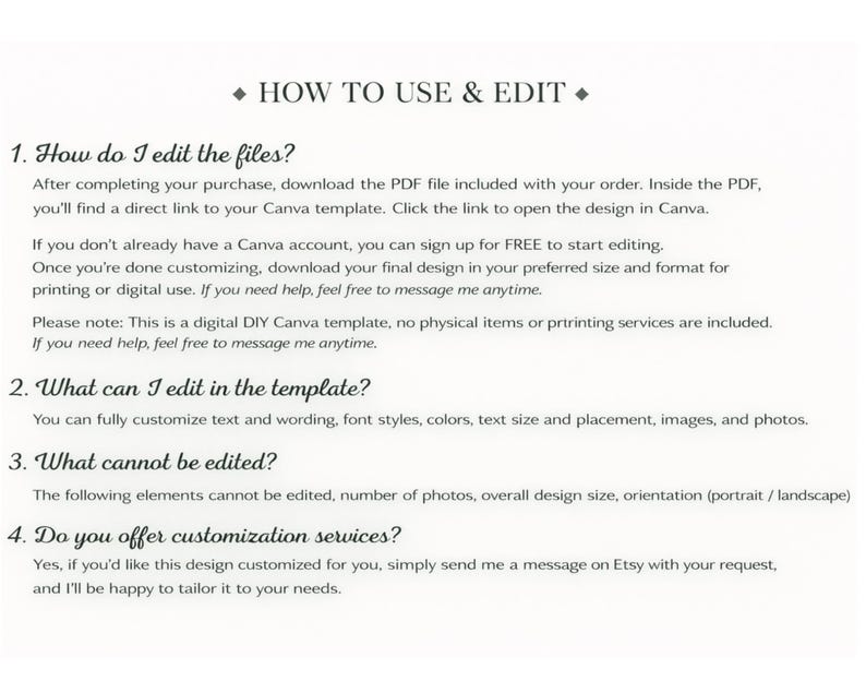 May include: An instructional document titled HOW TO USE & EDIT with four numbered sections explaining the process for editing a digital Canva template, including how to access the file, what elements are customizable, and how to request services.