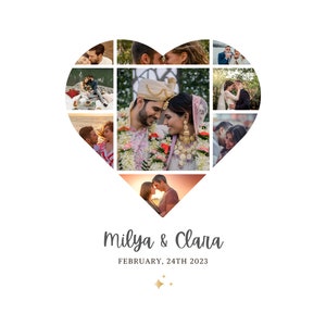 Puede incluir: Un collage de fotos en forma de coraz&oacute;n con una pareja, Milva & Clara, y la fecha 24 de febrero de 2023.