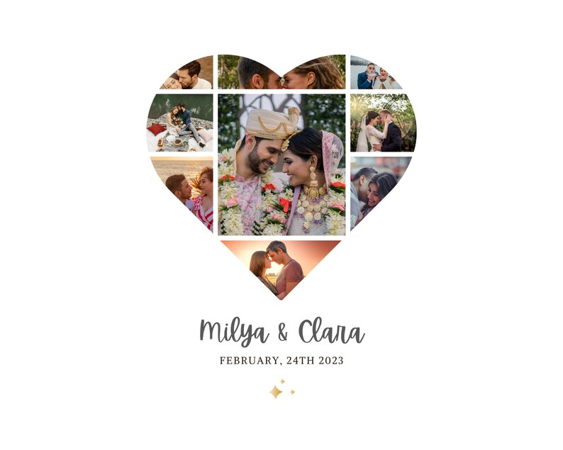Puede incluir: Un collage de fotos en forma de coraz&oacute;n con una pareja, Milva & Clara, y la fecha 24 de febrero de 2023.