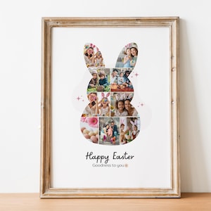 May include: Framed Easter-themed photo collage. The collage is shaped like a bunny, filled with family photos. The words "Happy Easter" are written below the collage, with the phrase "Goodness to you" underneath. The frame is made of light brown wood.