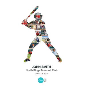 May include: A baseball player silhouette filled with action shots. The image includes the text "JOHN SMITH", "North Ridge Baseball Club", and "CLASS OF 2025". The background is white.