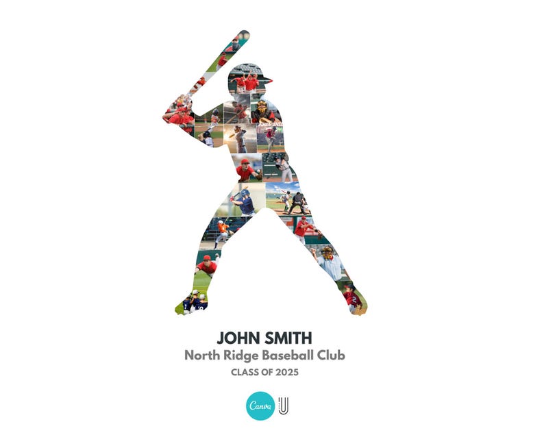 May include: A baseball player silhouette filled with action shots. The image includes the text "JOHN SMITH", "North Ridge Baseball Club", and "CLASS OF 2025". The background is white.