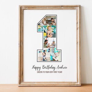 Puede incluir: Un collage de fotos enmarcado para el primer cumplea&ntilde;os de un ni&ntilde;o peque&ntilde;o. Las fotos est&aacute;n dispuestas en forma de n&uacute;mero uno. El texto "Happy Birthday Andrew" y "Cheers to your very first year!" est&aacute; impreso debajo del collage.