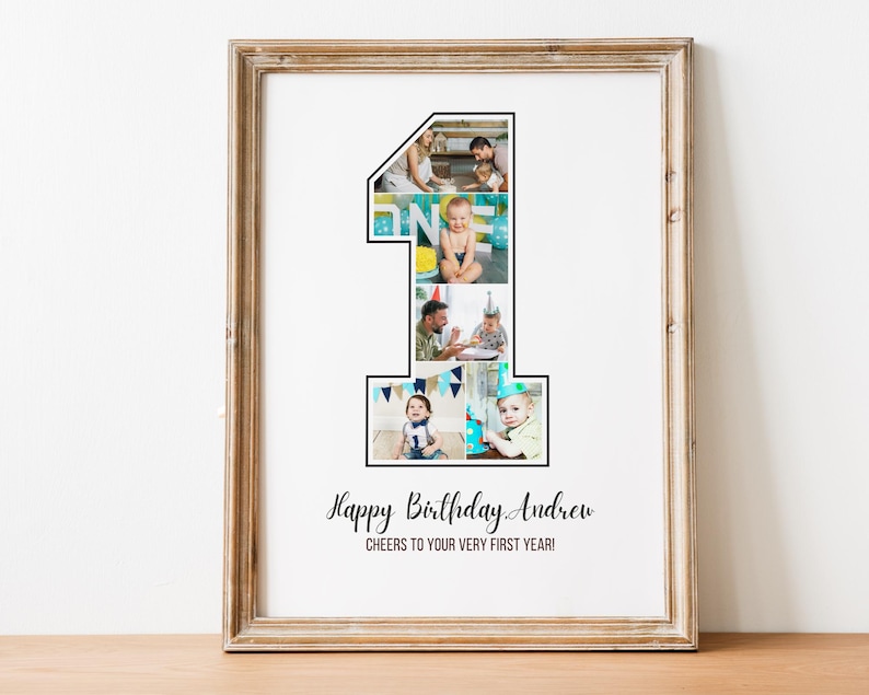Puede incluir: Un collage de fotos enmarcado para el primer cumplea&ntilde;os de un ni&ntilde;o peque&ntilde;o. Las fotos est&aacute;n dispuestas en forma de n&uacute;mero uno. El texto "Happy Birthday Andrew" y "Cheers to your very first year!" est&aacute; impreso debajo del collage.