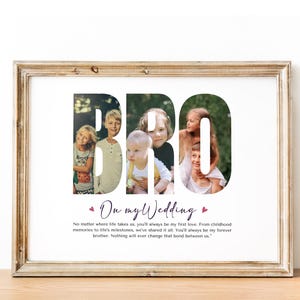 Peut inclure: Une impression encadr&eacute;e avec un collage photo de fr&egrave;res et s&oelig;urs dans le mot "BRO" avec le texte "On my Wedding" et un message sur le lien entre fr&egrave;res et s&oelig;urs.