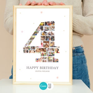 Fourth Birthday Number 4 Photo Collage: Editable Canva Template (Digital Download)