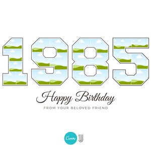 Peut inclure: Une carte d'anniversaire avec un design vert et bleu repr&eacute;sentant l'ann&eacute;e 1985. La carte dit "Joyeux anniversaire" et "De la part de votre ami bien-aim&eacute;".