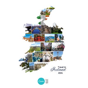 Op de afbeelding: Een collage van afbeeldingen die verschillende bezienswaardigheden en landschappen in Ierland tonen, gerangschikt in de vorm van de contouren van het land. De tekst "Travel to Ireland 2024" wordt onder de afbeelding weergegeven.