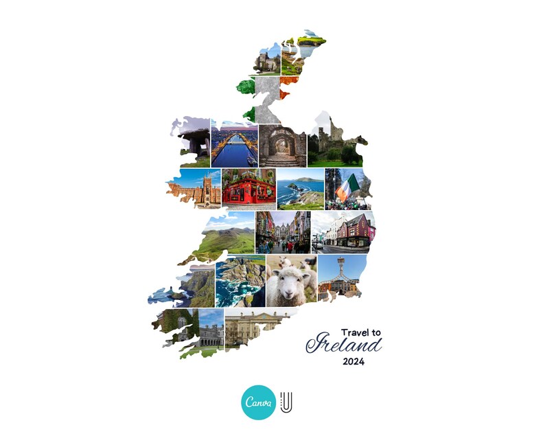 Op de afbeelding: Een collage van afbeeldingen die verschillende bezienswaardigheden en landschappen in Ierland tonen, gerangschikt in de vorm van de contouren van het land. De tekst "Travel to Ireland 2024" wordt onder de afbeelding weergegeven.