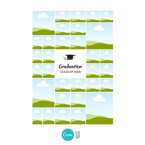 May include: A printable graduation photo booth backdrop with a green and blue landscape design. The backdrop features a graduation cap and the text "Graduation Class of 2024!"