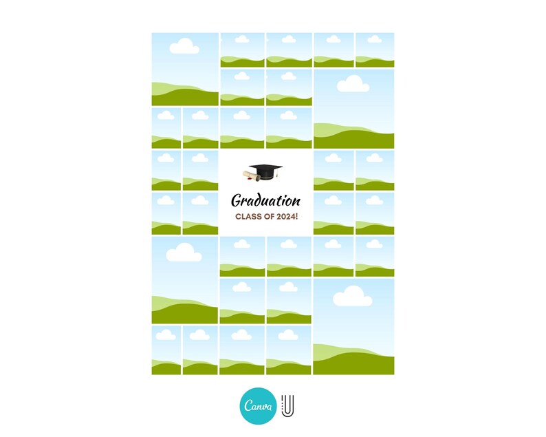 May include: A printable graduation photo booth backdrop with a green and blue landscape design. The backdrop features a graduation cap and the text "Graduation Class of 2024!"