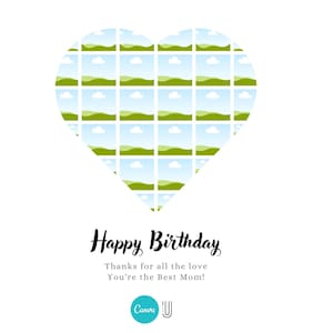Może przedstawiać: Kartka z życzeniami urodzinowymi z sercem zbudowanym z zielonych i niebieskich kwadrat&oacute;w. Tekst "Happy Birthday" jest napisany czarnym, ozdobnym pismem. Tekst "Dzięki za całą miłość Jesteś najlepszą mamą!" jest napisany czarnym pismem. Tekst "Canva" jest napisany niebieskim pismem, a tekst "U" białym.