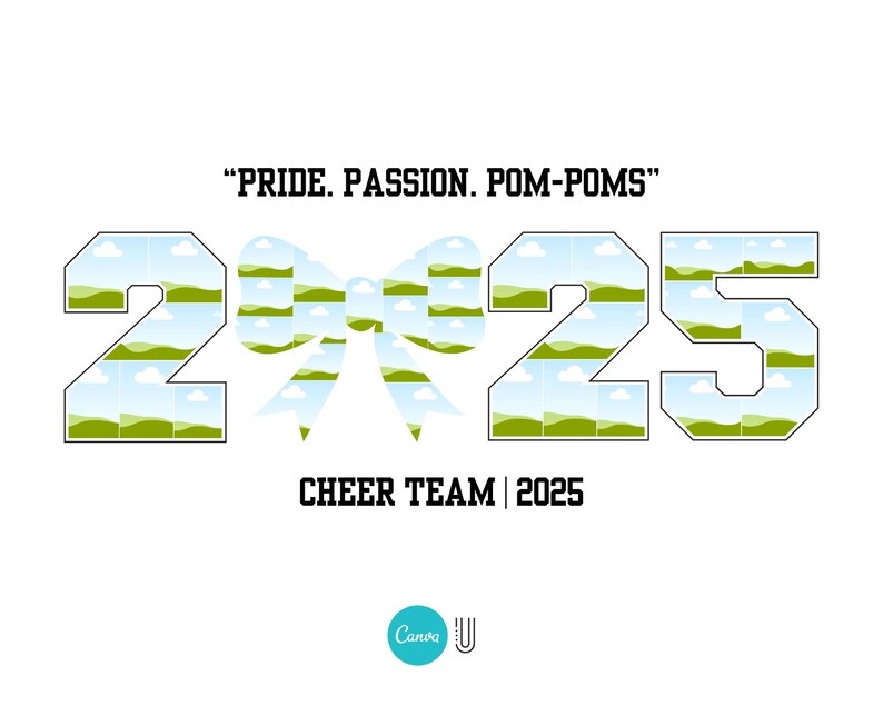 Pu&ograve; includere: Grafica bianca con la scritta "PRIDE. PASSION. POM-POMS" sopra i numeri "2" e "25". Un grafico a fiocco &egrave; tra i numeri. Le parole "CHEER TEAM | 2025" sono sotto i numeri. Un logo Canva &egrave; in basso a destra.